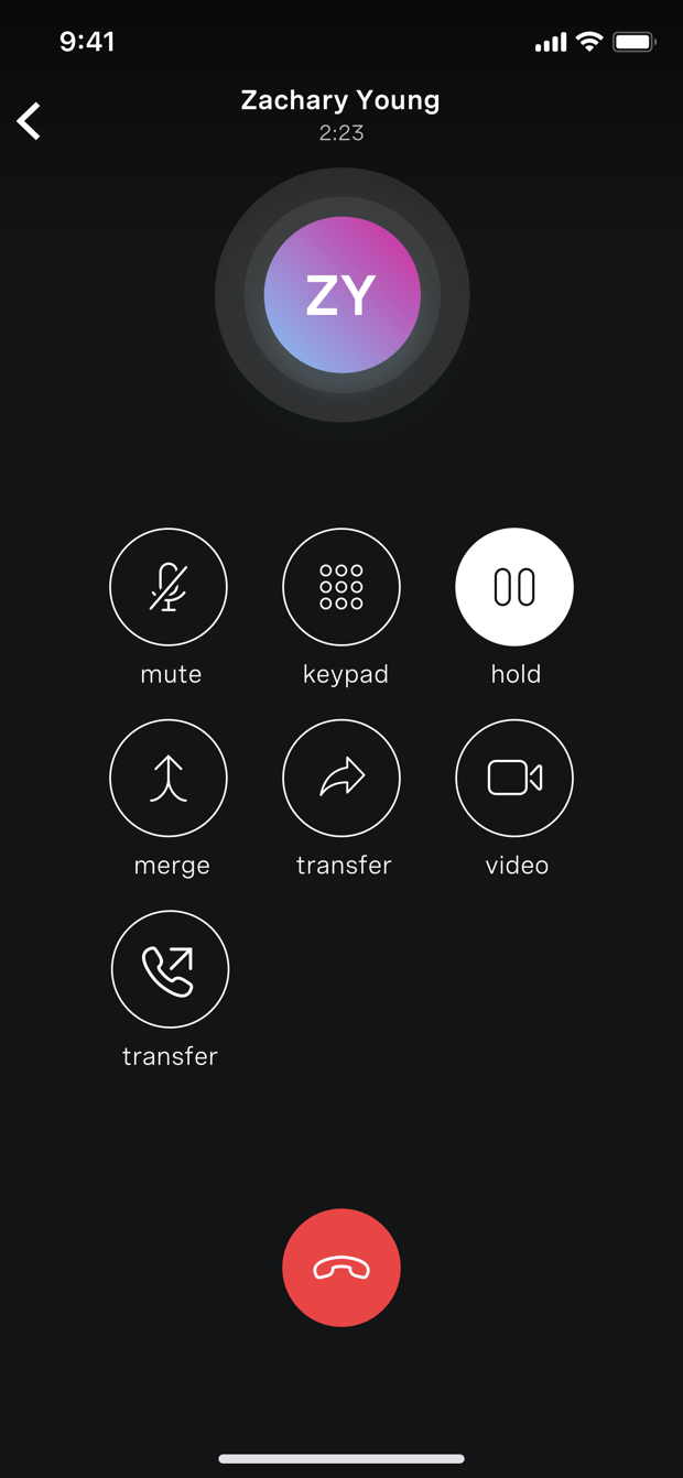 Mobile view of call Mobile view of call in Unified Communications product showing options for mute, keypad, hold, merge, transfer to another person, video and transfer to another phone on the same extension.